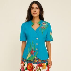 Vintage 80s Anne French Teal Sequin Ocean Tropical Theme Blazer Size 16